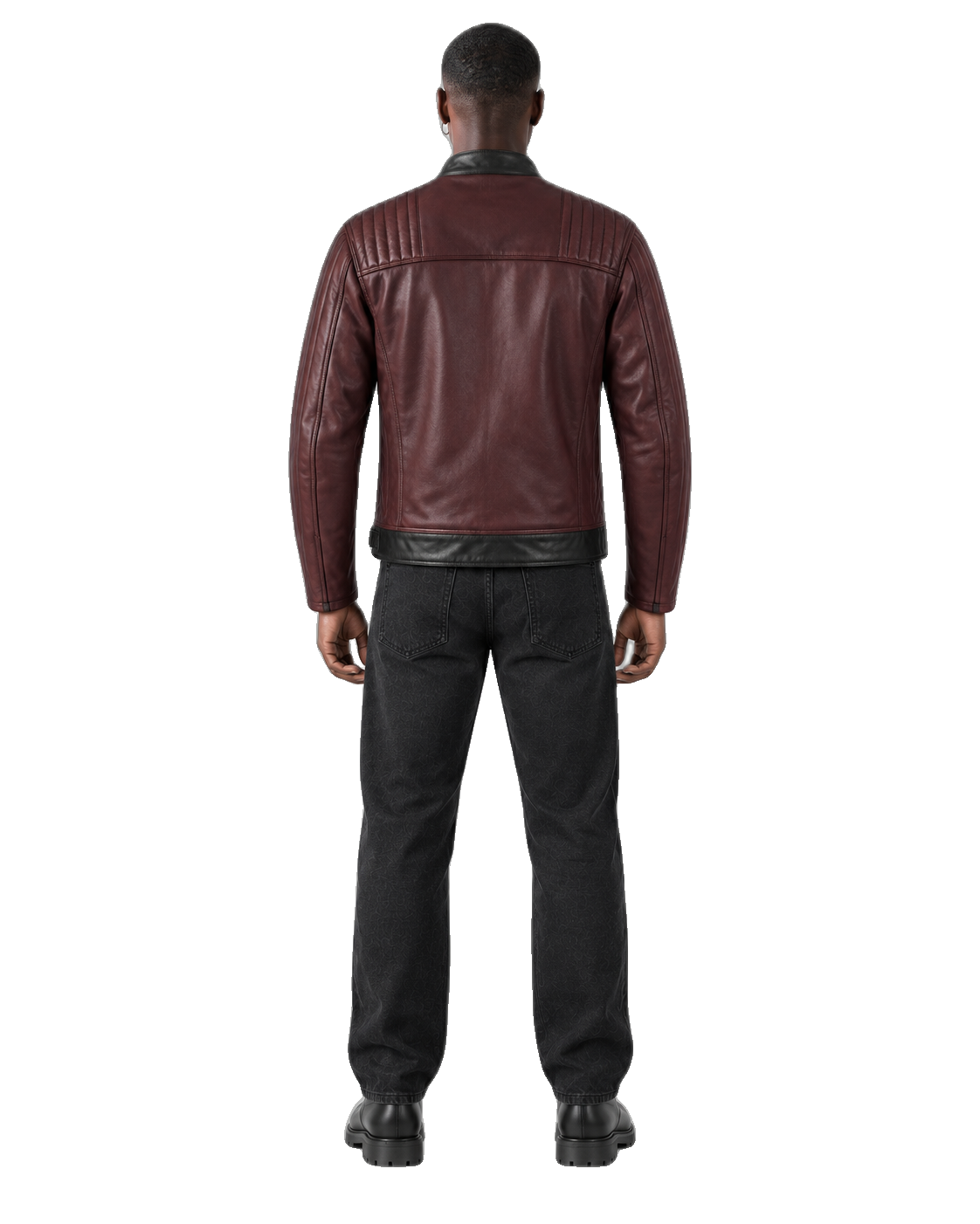 Burgundy Forge Leather Cruiser Jacket back view on male model with transparent background