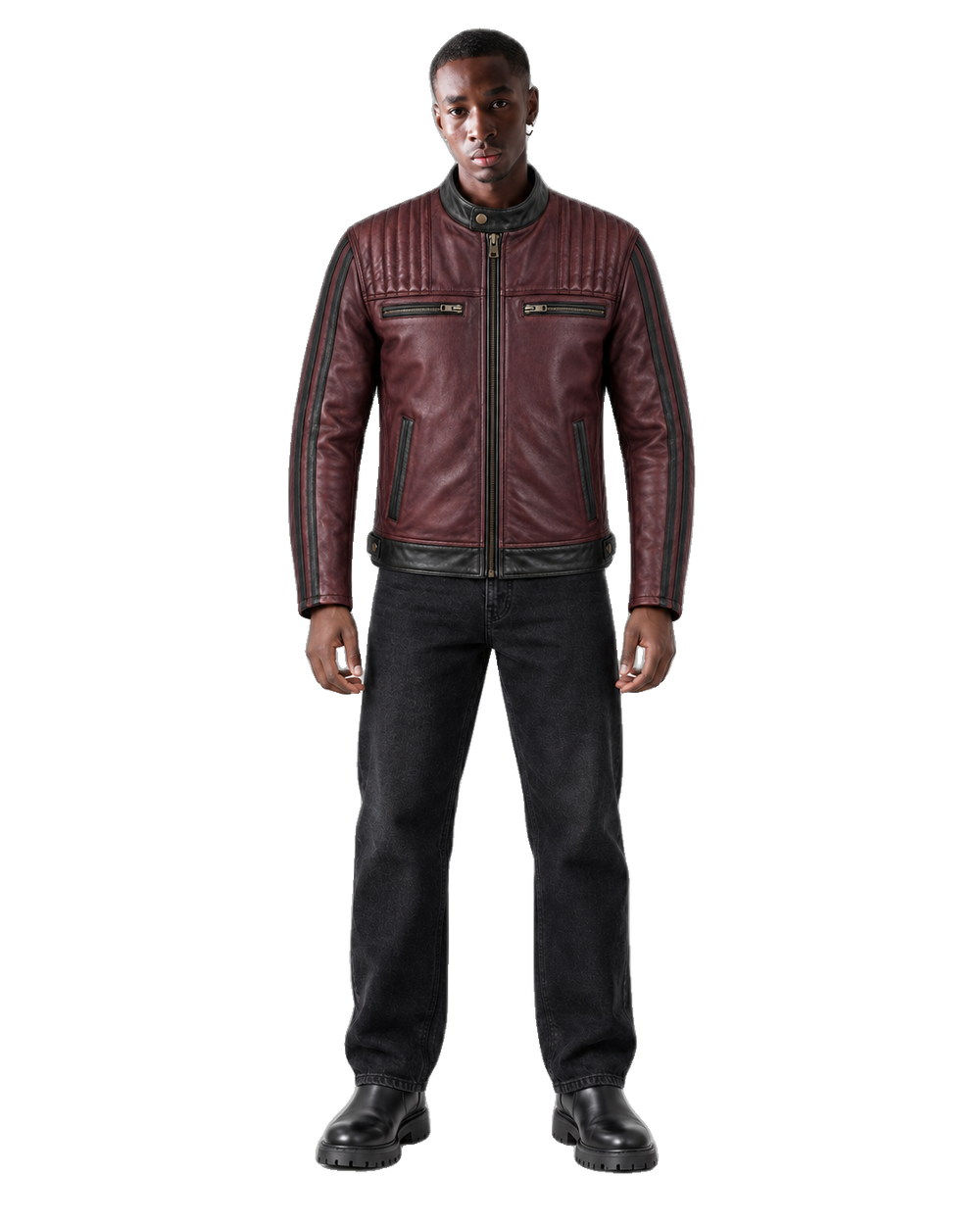 Burgundy Forge Leather Cruiser Jacket front view on male model with transparent background