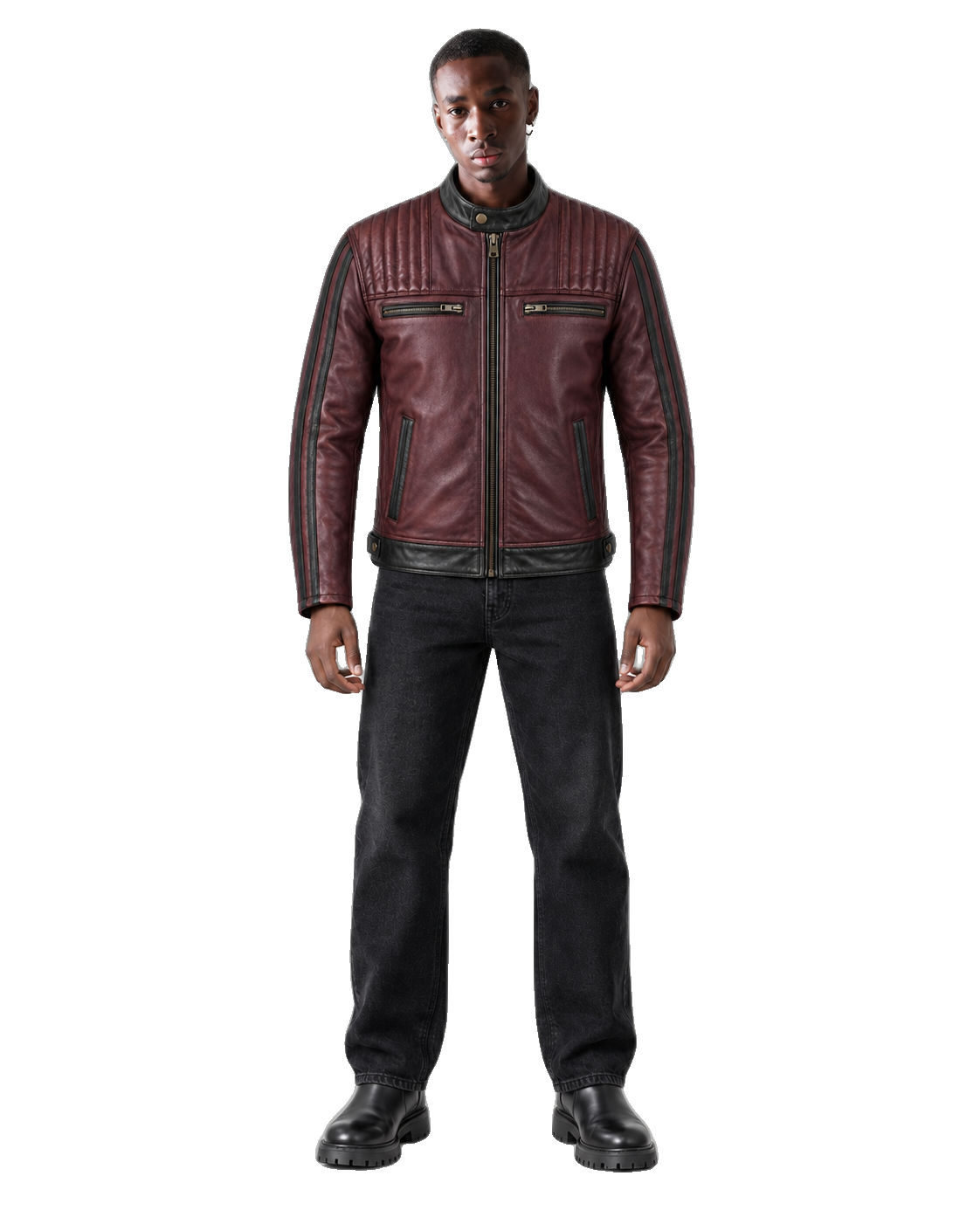 Burgundy Forge Leather Cruiser Jacket front view on male model with transparent background
