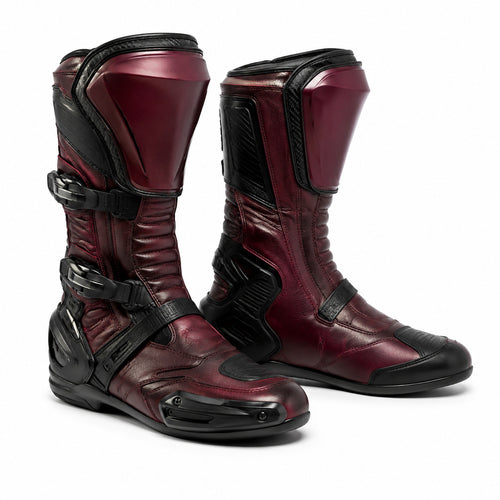 Burgundy Torque Racing Motorcycle Boots – hero – Deep Burgundy / Black / Smoke