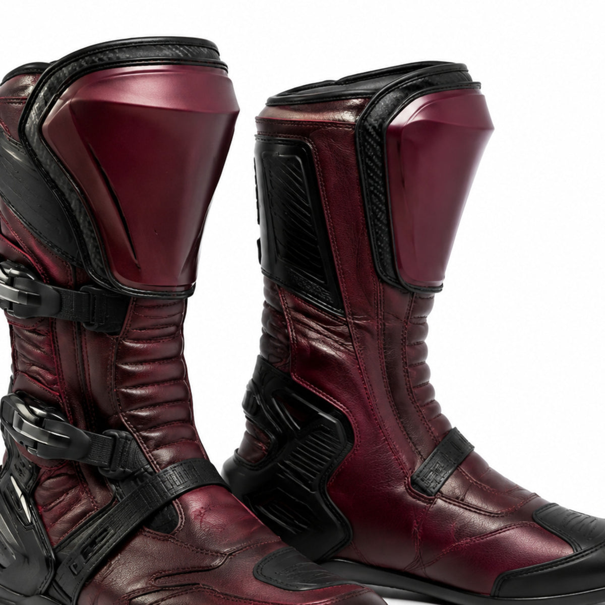 Burgundy Torque Racing Motorcycle Boots – shin closure detail – Deep Burgundy / Black / Smoke