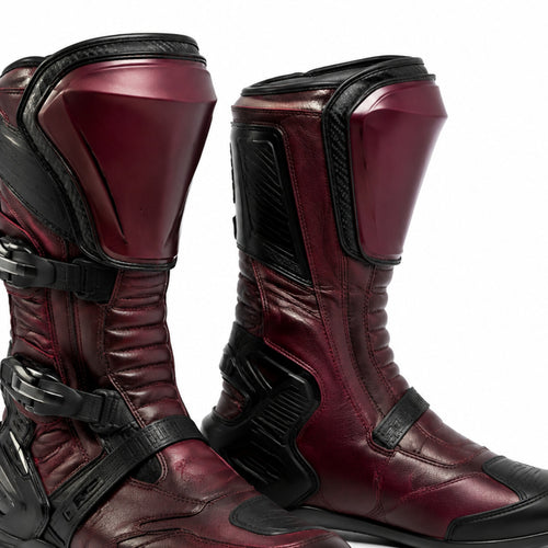 Burgundy Torque Racing Motorcycle Boots – shin closure detail – Deep Burgundy / Black / Smoke