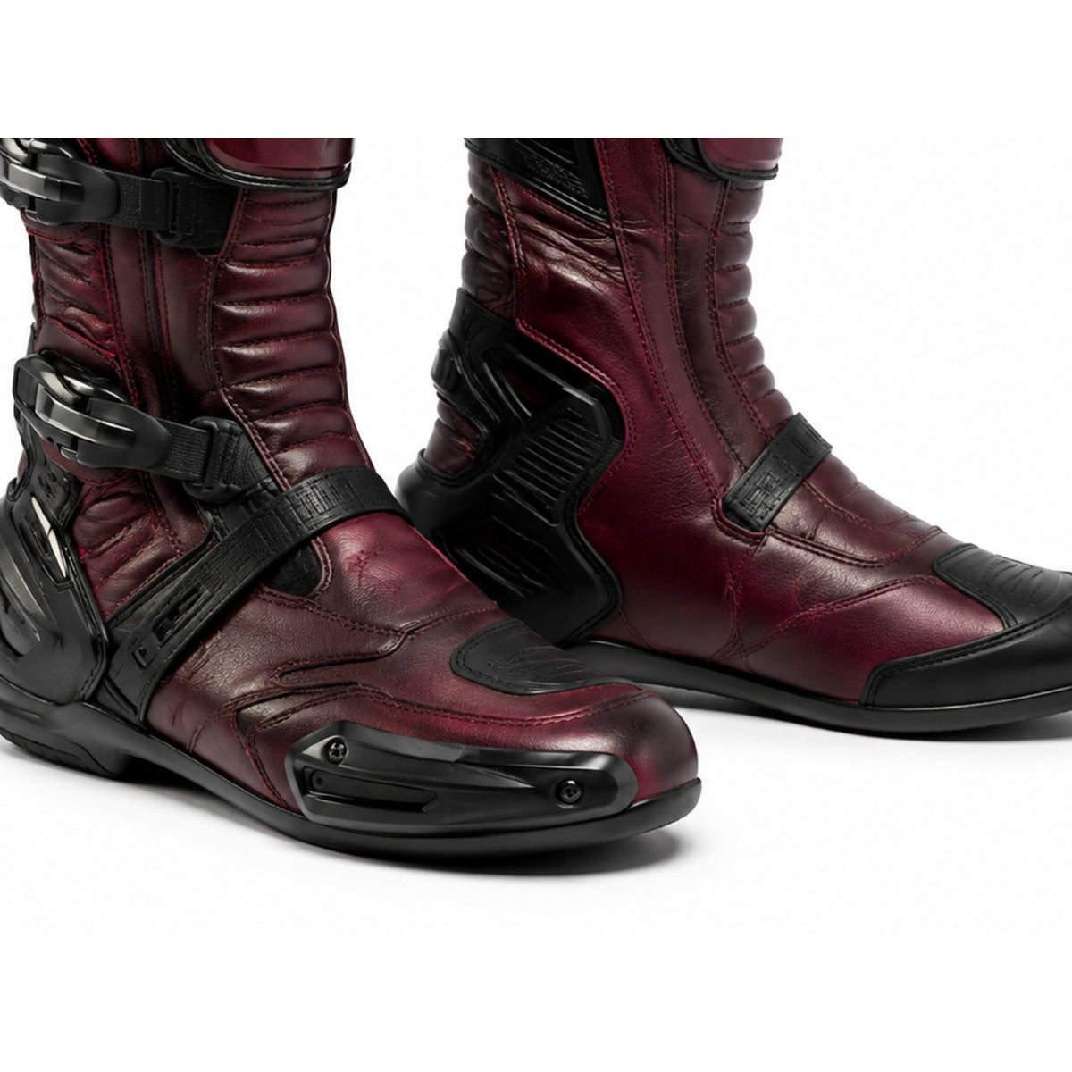 Burgundy Torque Racing Motorcycle Boots – toe ankle sole detail – Deep Burgundy / Black / Smoke