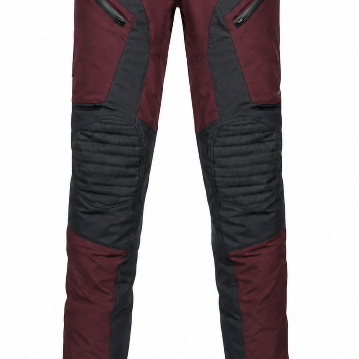 BurgundyPass burgundy gray waterproof textile motorcycle pants — knee, lower-leg and cuff detail