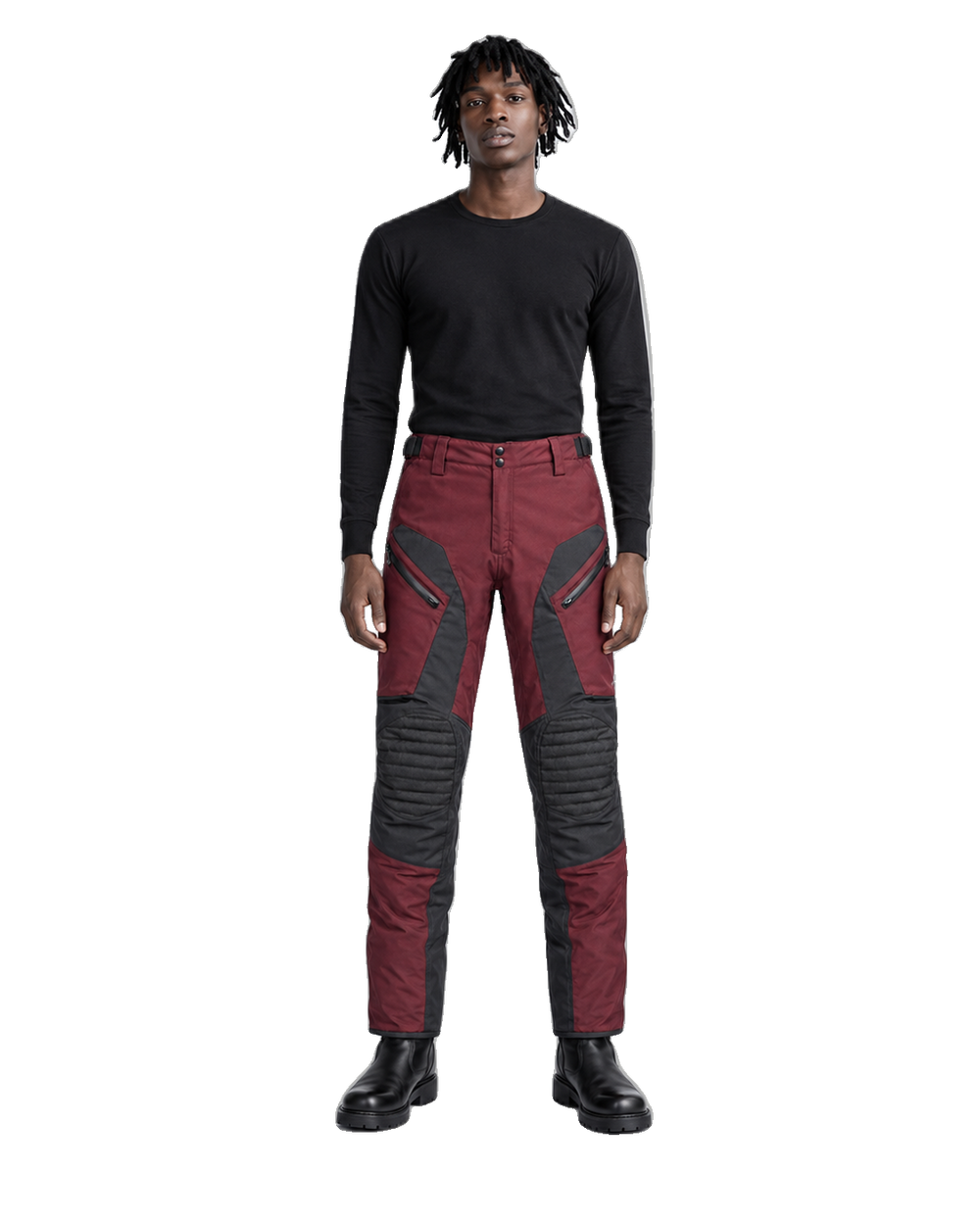BurgundyPass Burgundy Gray Waterproof Textile Motorcycle Pants front view on male model on transparent background