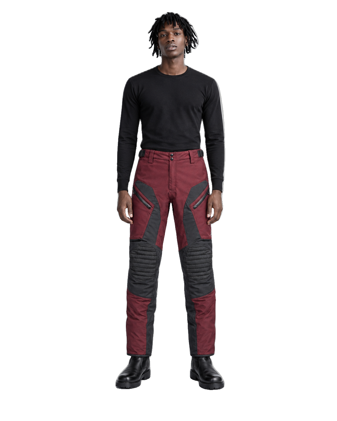 BurgundyPass Burgundy Gray Waterproof Textile Motorcycle Pants front view on male model on transparent background