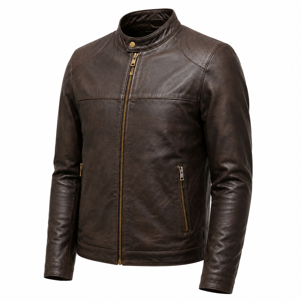 Cafe Meridian Espresso Leather Café Racer Jacket three-quarter leather detail view
