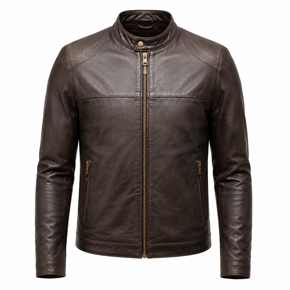 espresso leather café racer jacket – Cafe Meridian Espresso Leather Café Racer Jacket front view