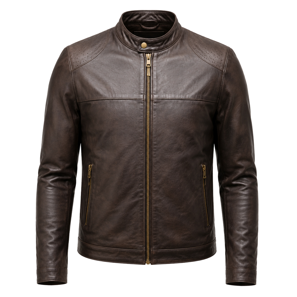espresso leather café racer jacket – Cafe Meridian Espresso Leather Café Racer Jacket front view