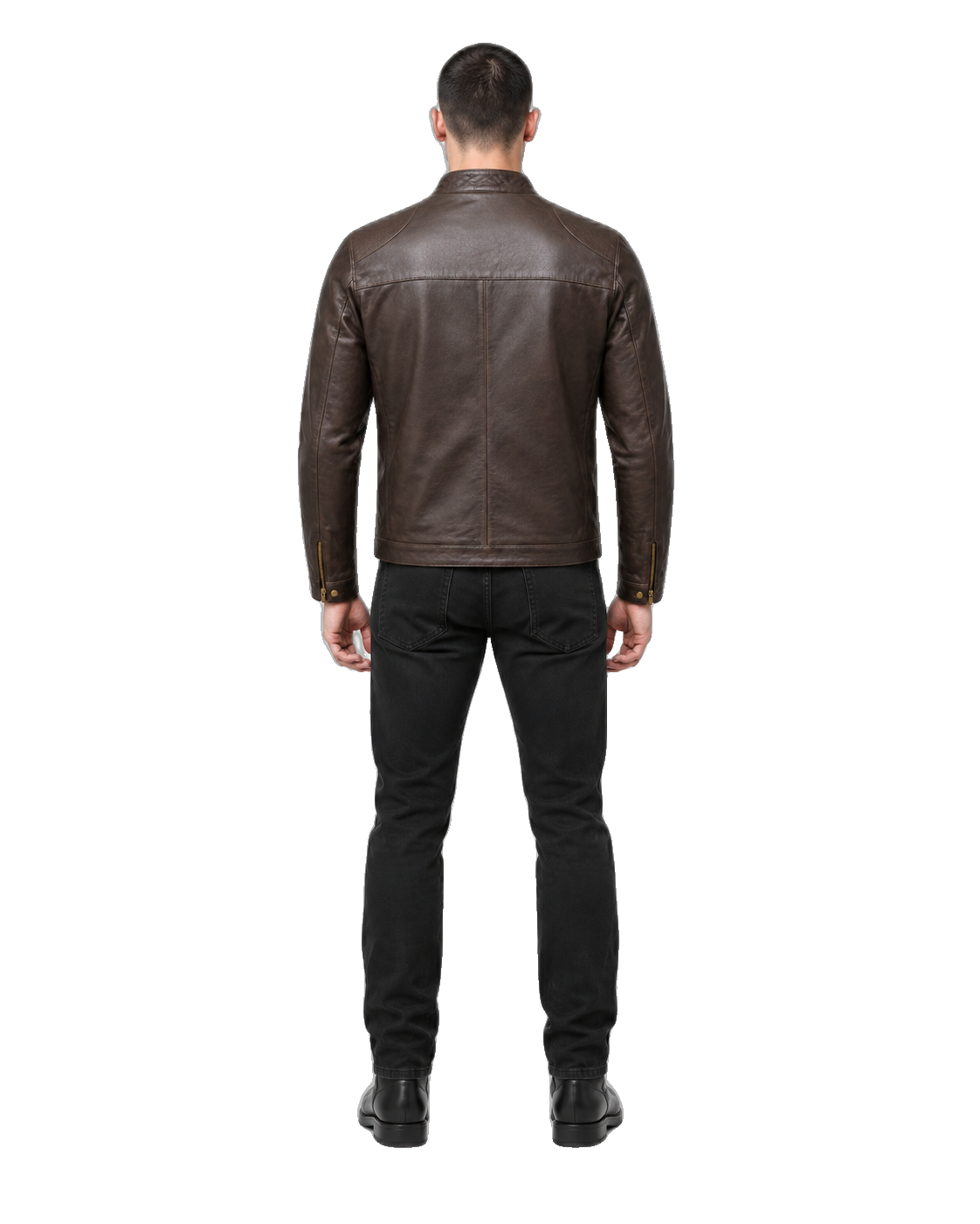 Cafe Meridian Espresso Leather Café Racer Jacket back view on male model with transparent background