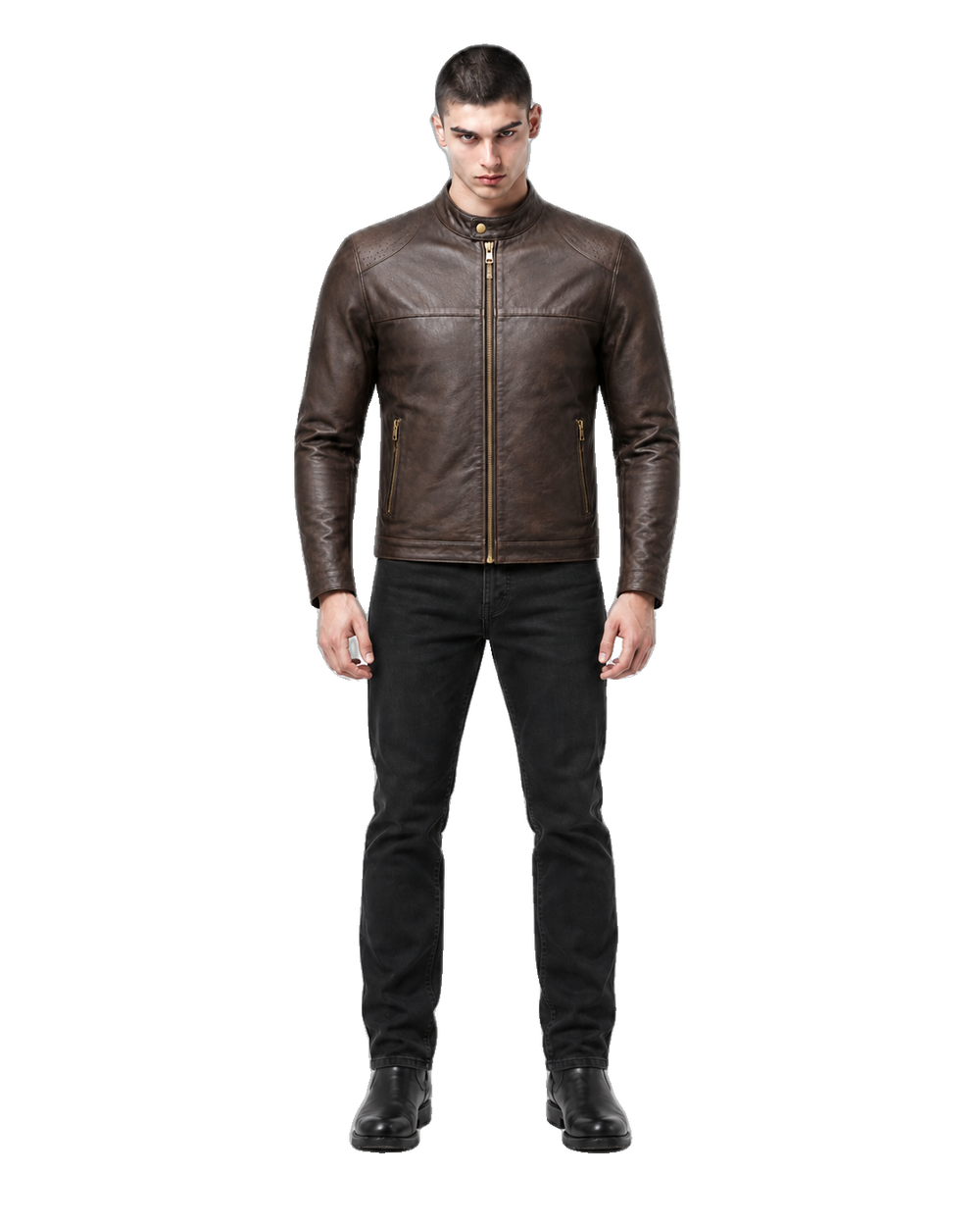 Cafe Meridian Espresso Leather Café Racer Jacket front view on male model with transparent background