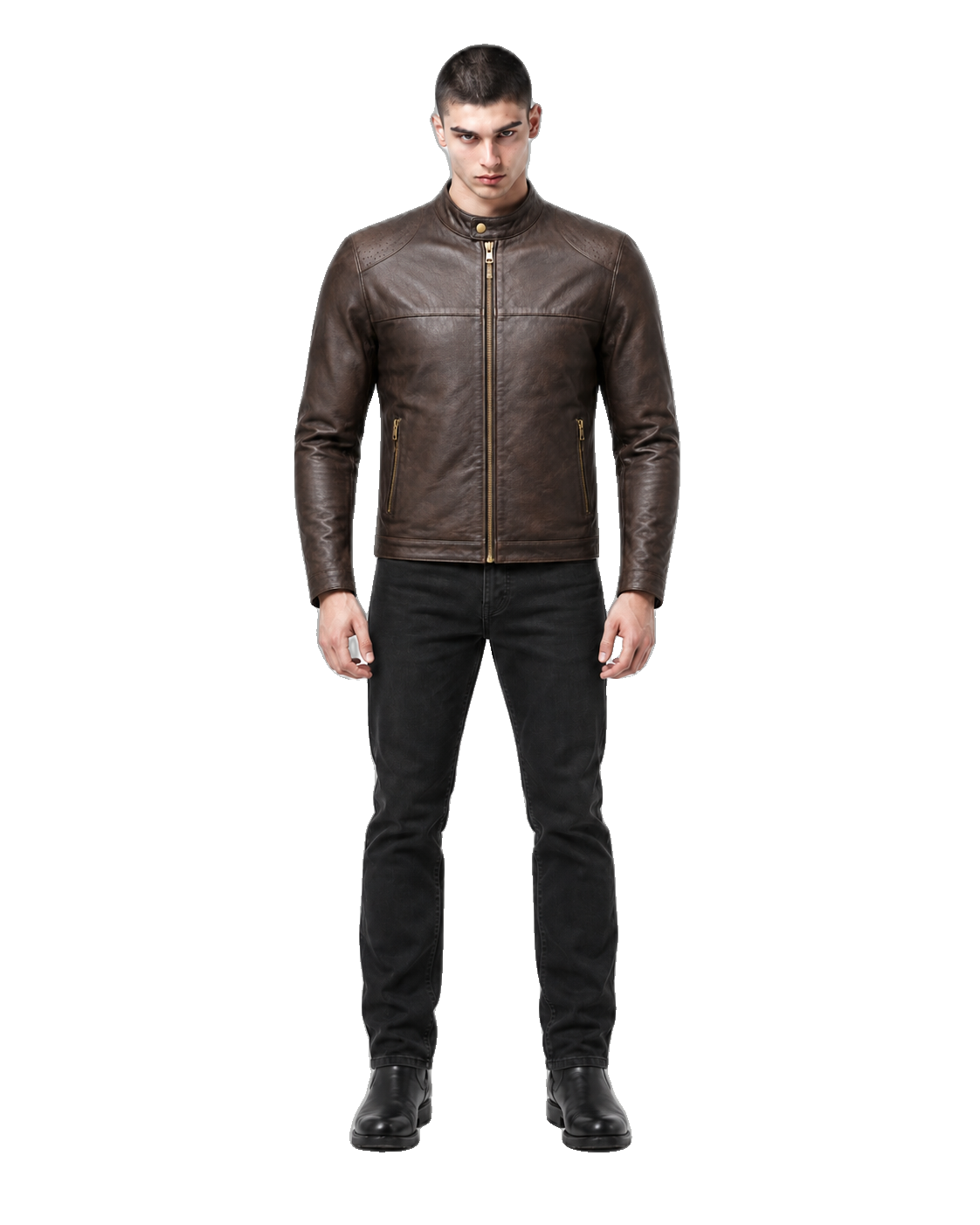 Cafe Meridian Espresso Leather Café Racer Jacket front view on male model with transparent background
