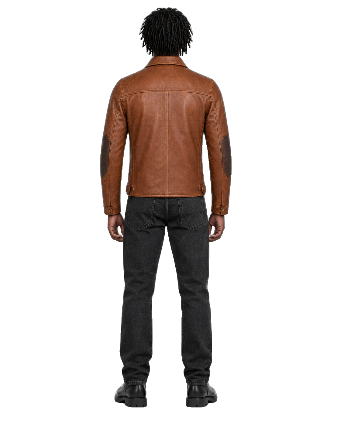 Canyon Echo Cognac Heritage Leather Jacket back view on male model with transparent background