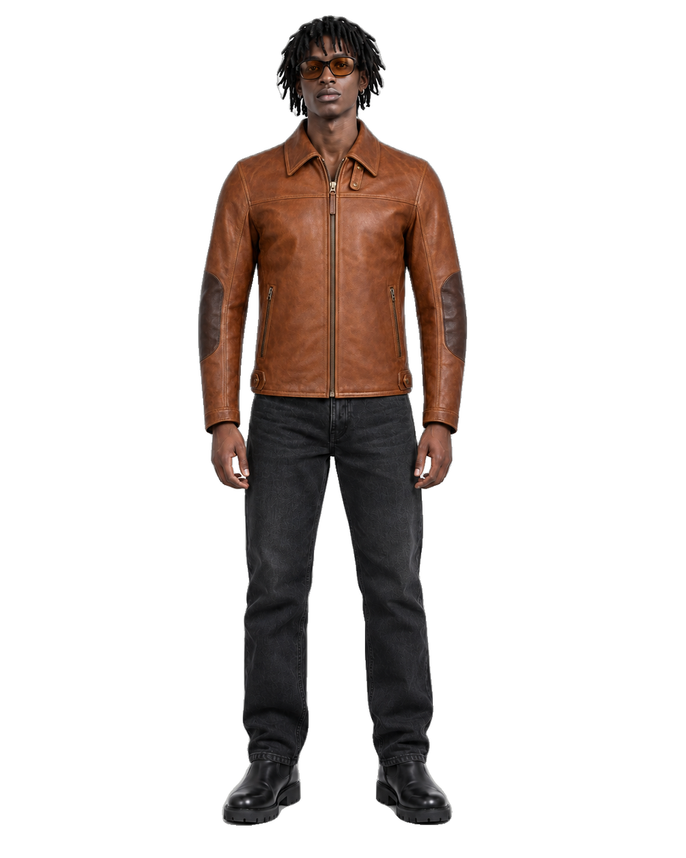 Canyon Echo Cognac Heritage Leather Jacket front view on male model with transparent background
