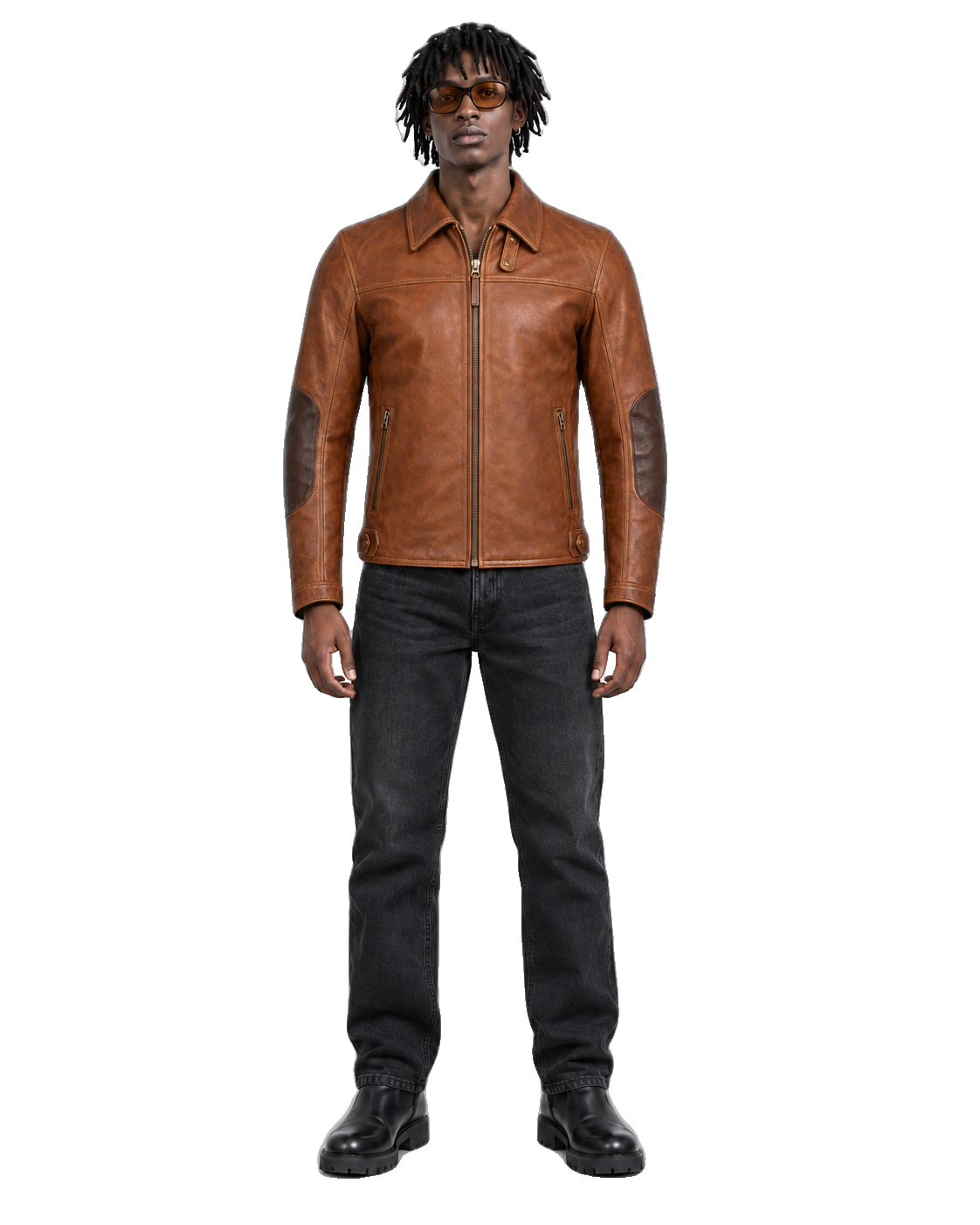 Canyon Echo Cognac Heritage Leather Jacket front view on male model with transparent background