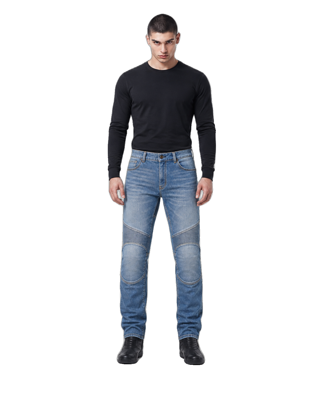Canyon Rider Armored Motorcycle Riding Jeans front view on male model on transparent background
