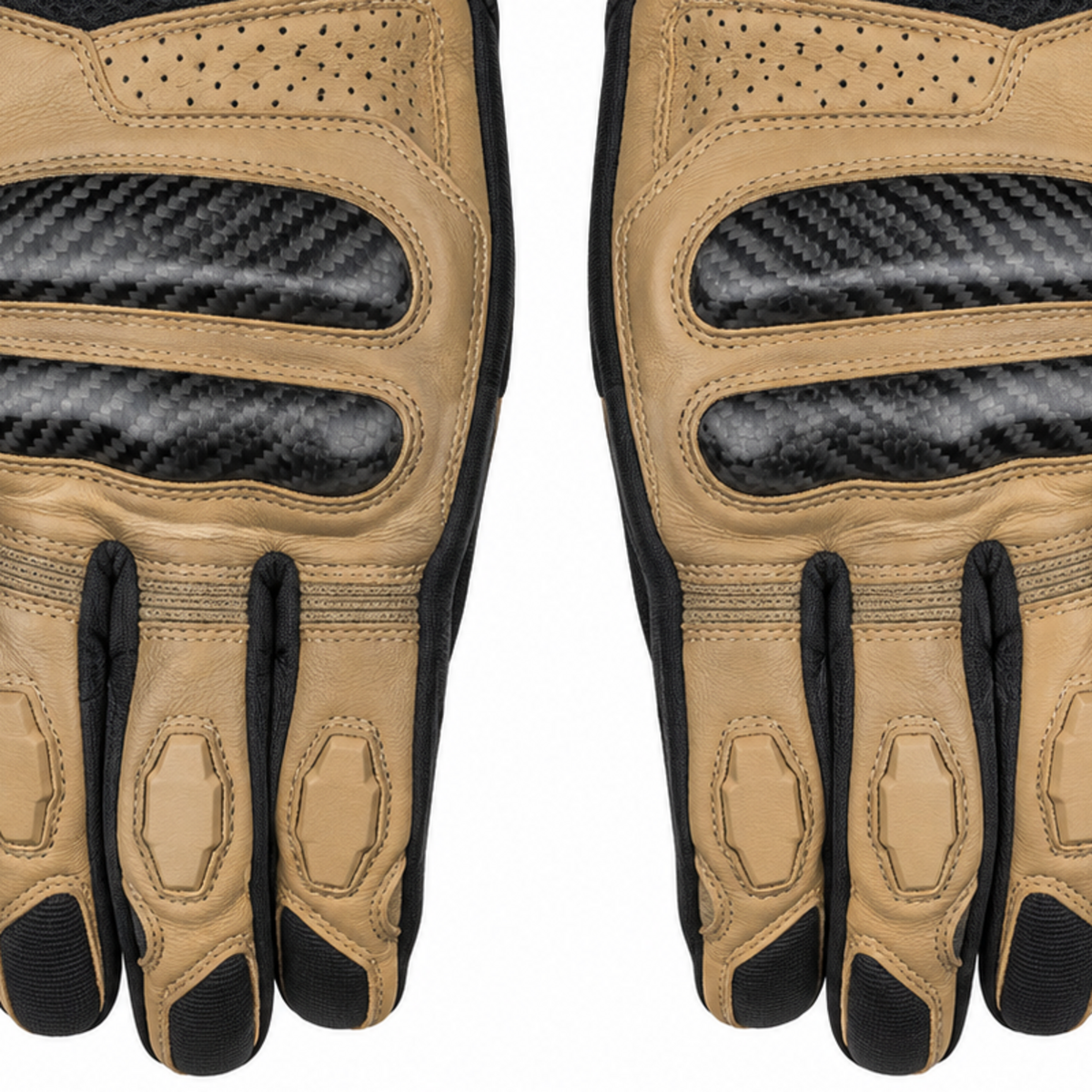 CarbonDune tan black street motorcycle gloves — cuff and backhand construction detail