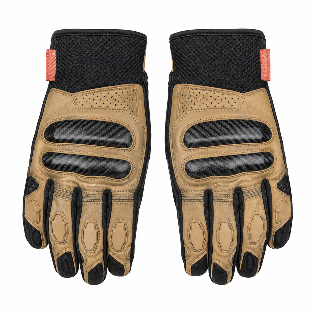 CarbonDune tan black street motorcycle gloves — full pair hero view