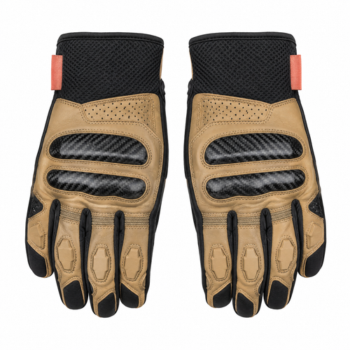 CarbonDune tan black street motorcycle gloves — full pair hero view