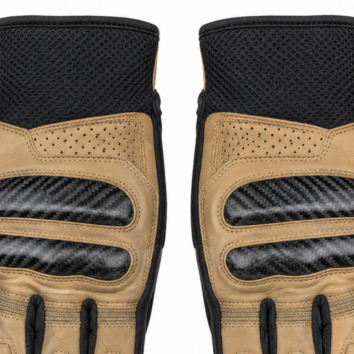 CarbonDune tan black street motorcycle gloves — knuckle and finger construction detail
