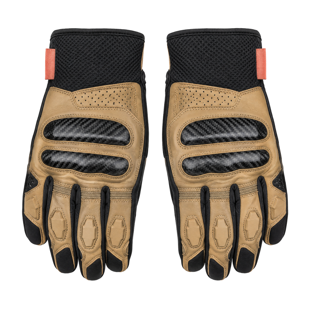 CarbonDune tan black street motorcycle gloves — full pair hero view