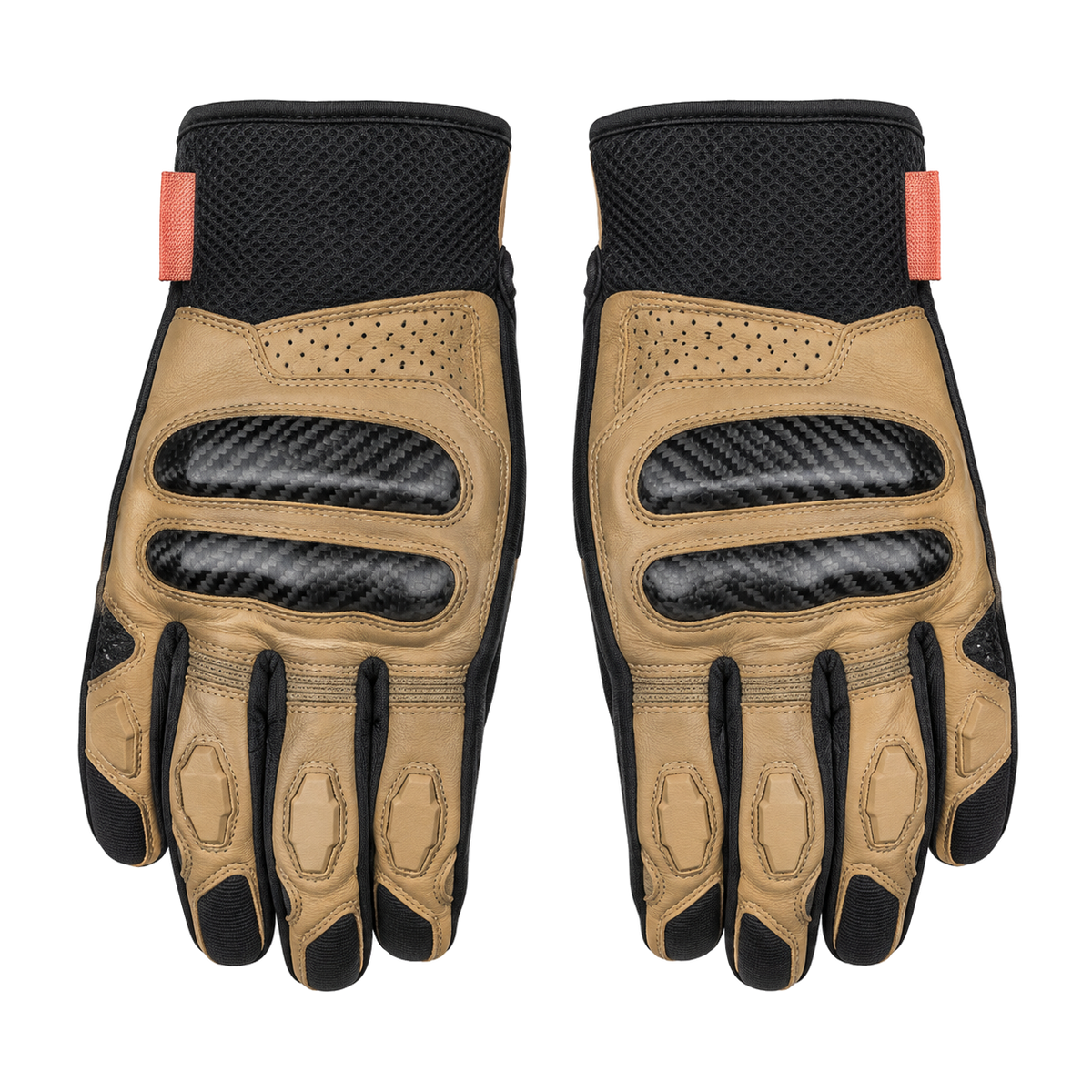 CarbonDune tan black street motorcycle gloves — full pair hero view