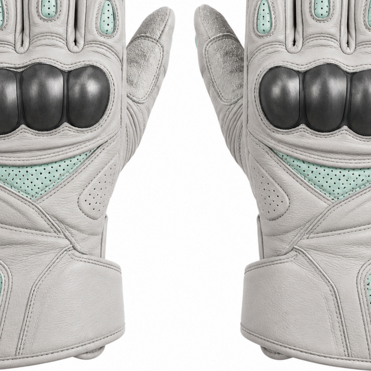 CloudMint gray mint street motorcycle gloves — cuff and backhand construction detail