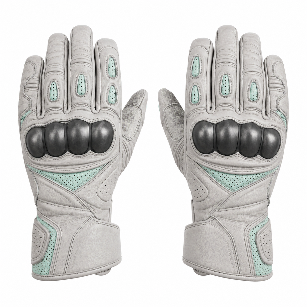 CloudMint gray mint street motorcycle gloves — full pair hero view