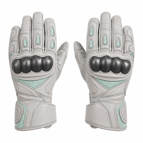 CloudMint gray mint street motorcycle gloves — full pair hero view