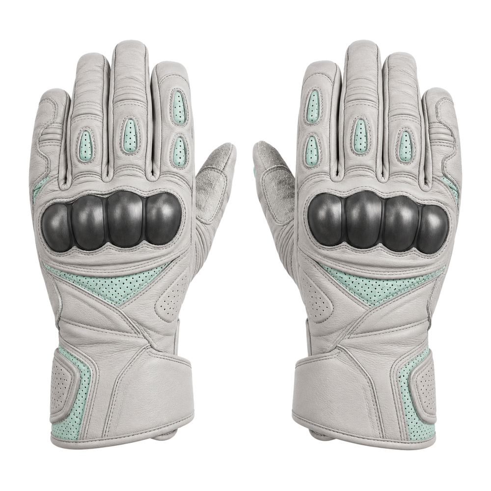 CloudMint gray mint street motorcycle gloves — full pair hero view