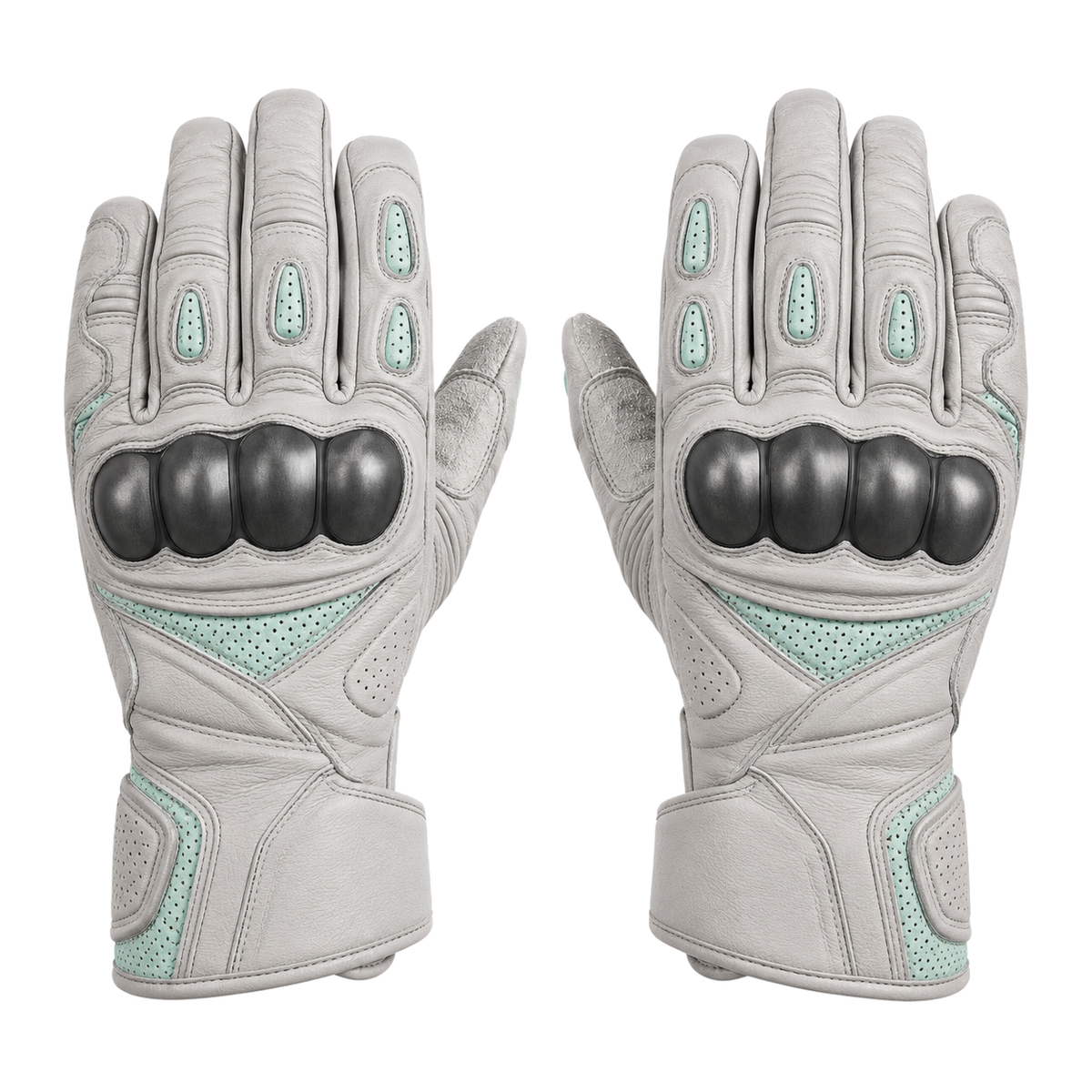 CloudMint gray mint street motorcycle gloves — full pair hero view