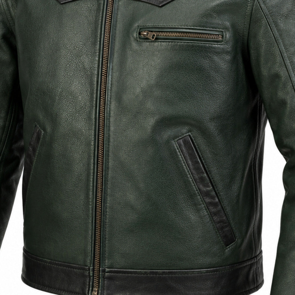 Coal Ridge Gray classic cruiser leather motorcycle jacket leather and hardware detail