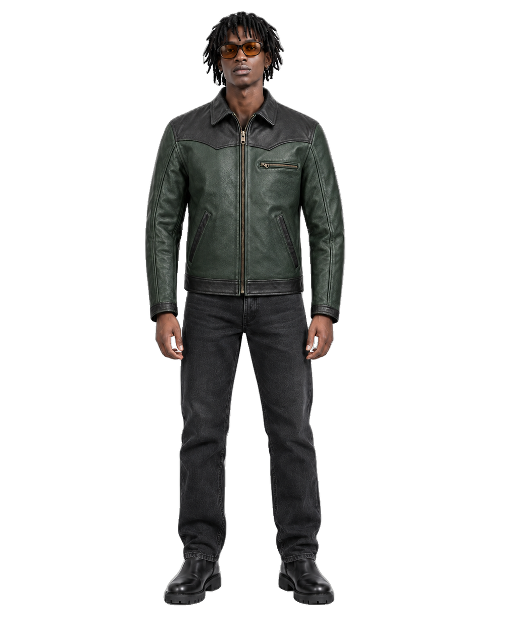 Coal Ridge Gray Leather Cruiser Jacket front view on male model with transparent background