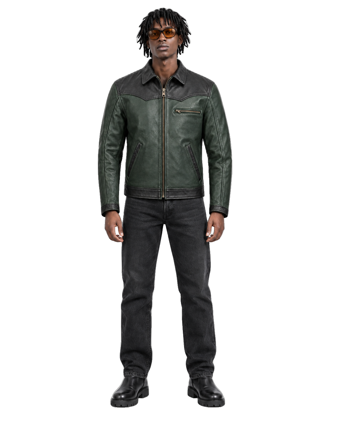 Coal Ridge Gray Leather Cruiser Jacket front view on male model with transparent background