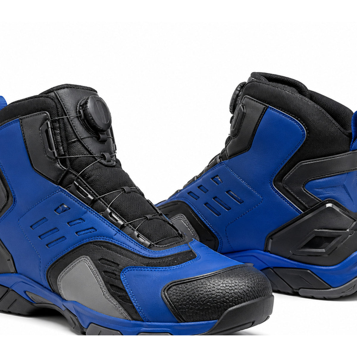 Cobalt Pulse Blue Technical Motorcycle Riding Shoes – upper closure detail in Cobalt Blue / Black