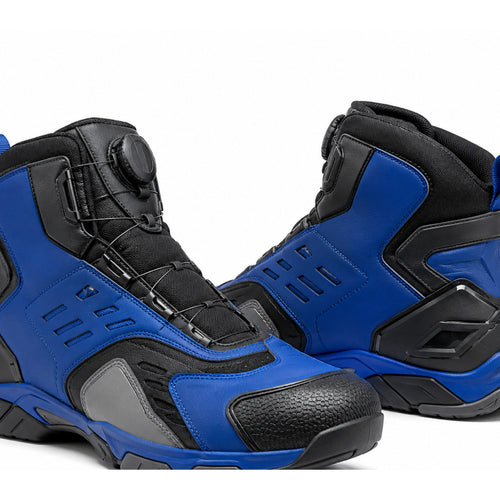 Cobalt Pulse Blue Technical Motorcycle Riding Shoes – upper closure detail in Cobalt Blue / Black