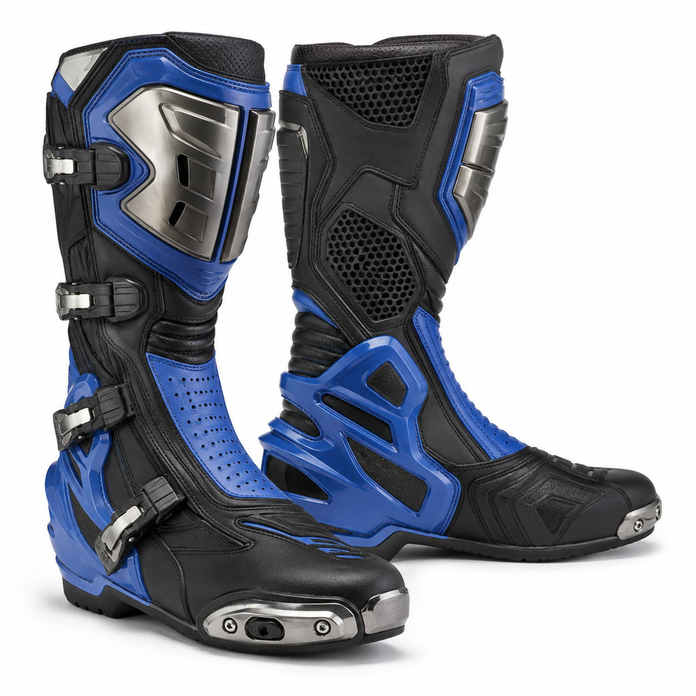 Cobalt Reactor Blue Racing Motorcycle Boots – hero – Cobalt Blue / Black / Silver