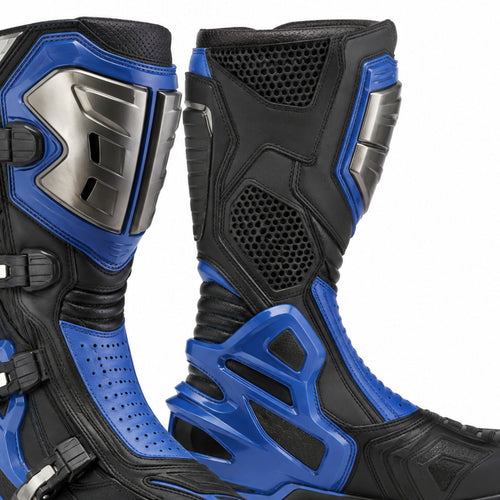 Cobalt Reactor Blue Racing Motorcycle Boots – shin closure detail – Cobalt Blue / Black / Silver