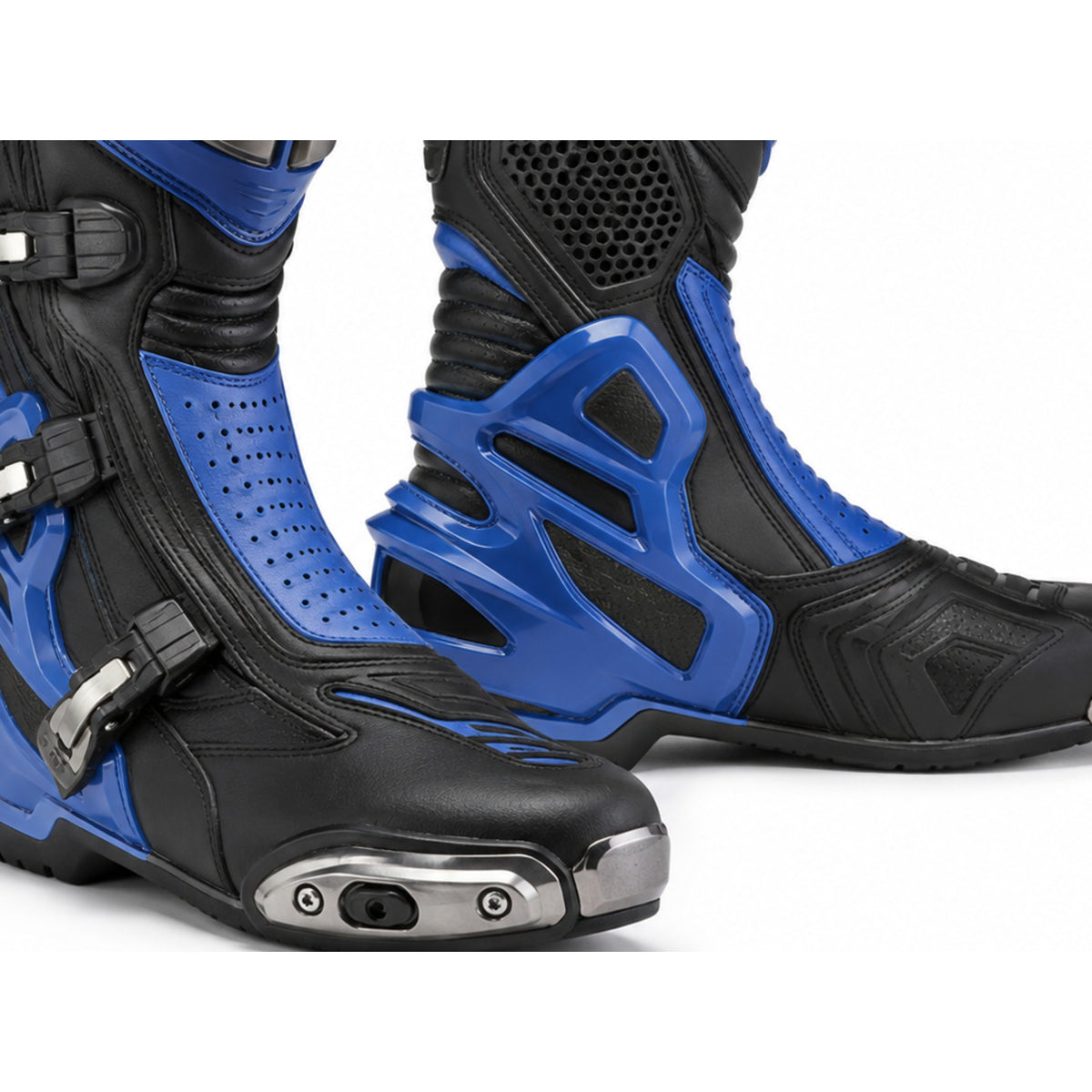 Cobalt Reactor Blue Racing Motorcycle Boots – toe ankle sole detail – Cobalt Blue / Black / Silver