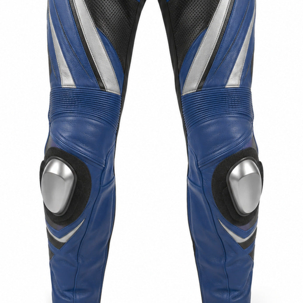 CobaltSprint Leather Motorcycle Racing Pants knee panels leather and stitching detail