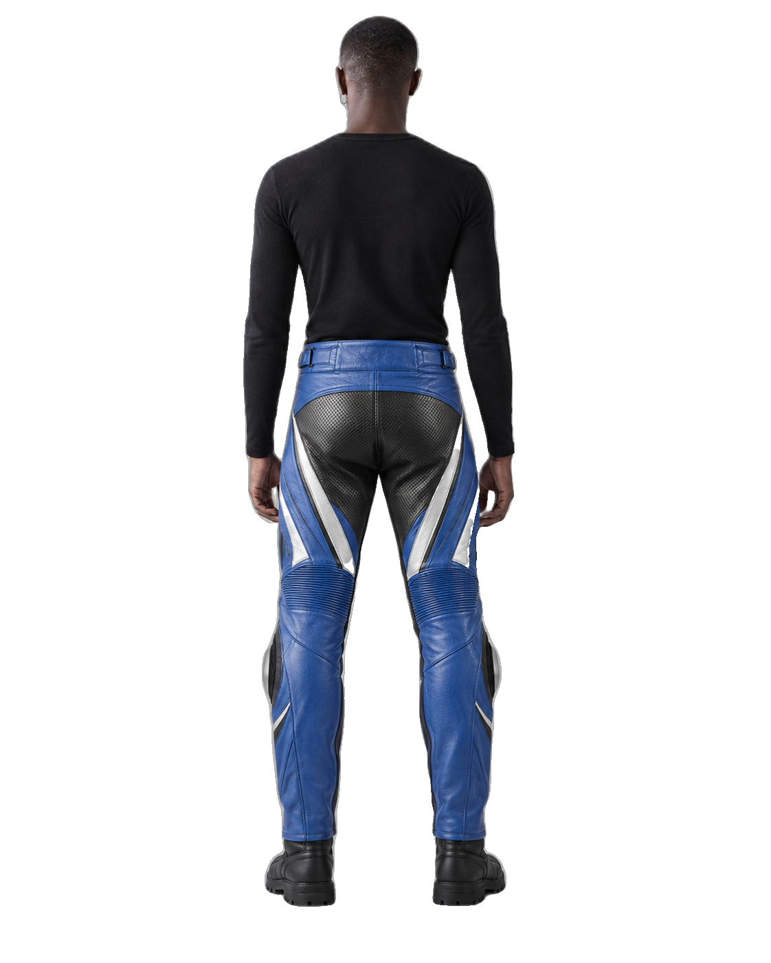 CobaltSprint Leather Motorcycle Racing Pants back view on male model transparent background
