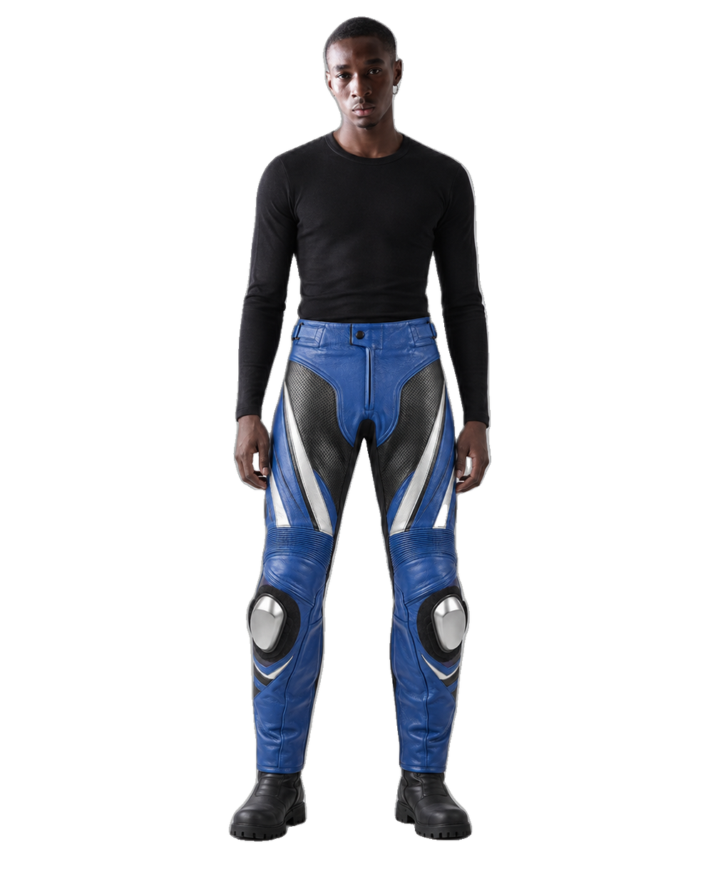 CobaltSprint Leather Motorcycle Racing Pants front view on male model transparent background