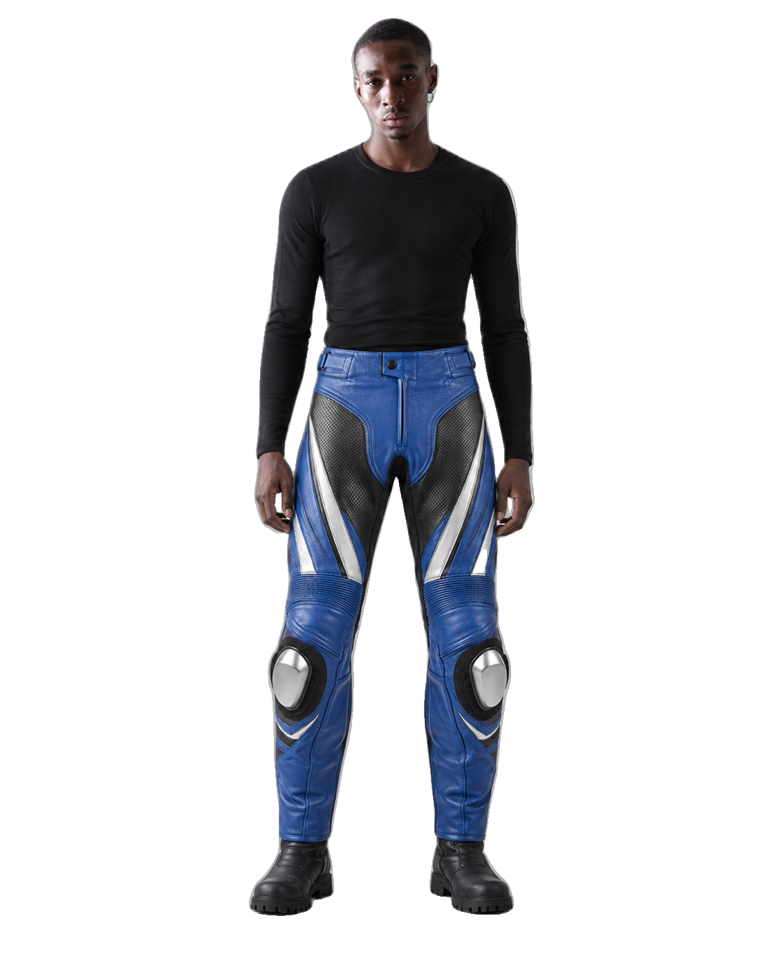 CobaltSprint Leather Motorcycle Racing Pants front view on male model transparent background