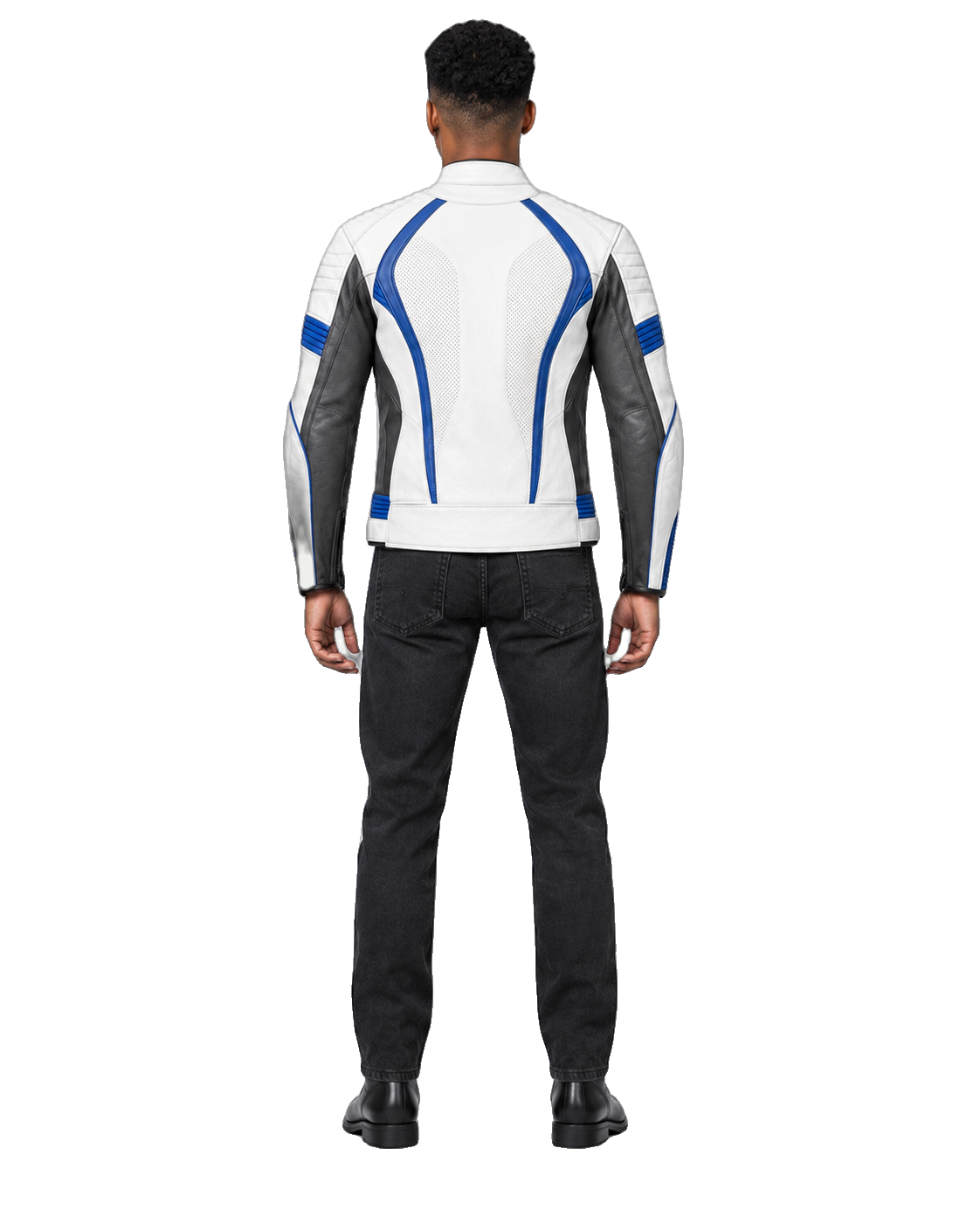 CobaltSprint R Leather Motorcycle Racing Jacket back view on male model with transparent background