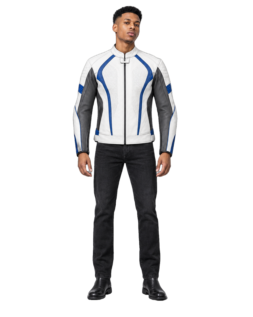 CobaltSprint R Leather Motorcycle Racing Jacket front view on male model with transparent background