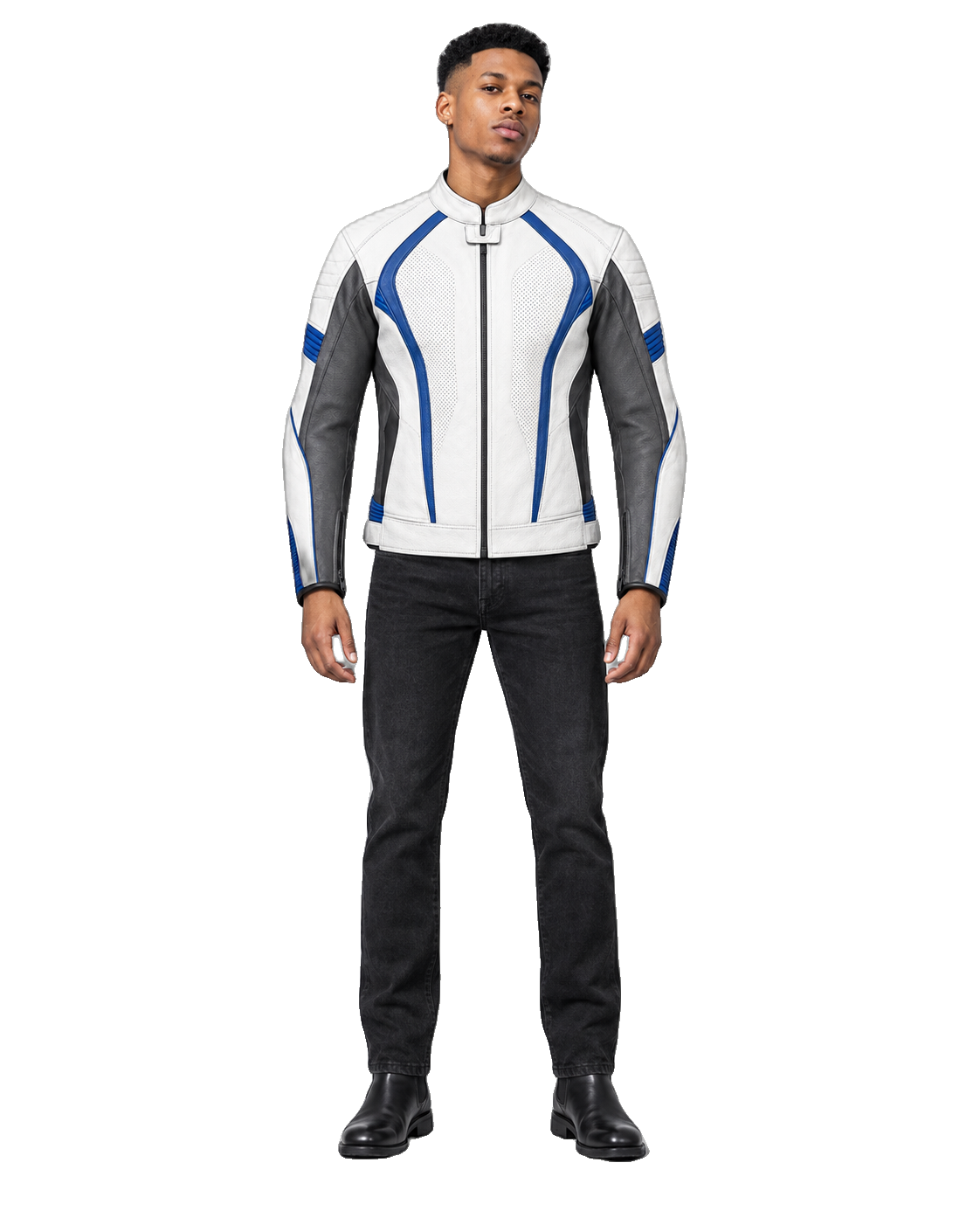 CobaltSprint R Leather Motorcycle Racing Jacket front view on male model with transparent background