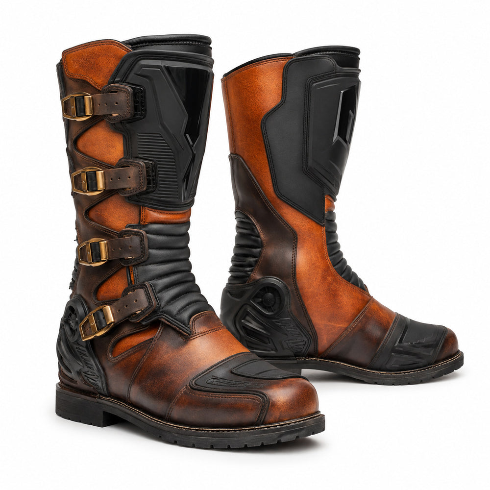 Copper Ignition Heritage Racing Motorcycle Boots – hero – Copper Orange / Espresso / Black