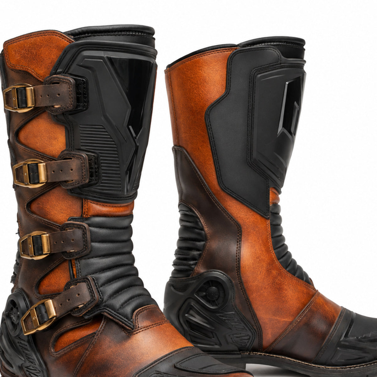 Copper Ignition Heritage Racing Motorcycle Boots – shin closure detail – Copper Orange / Espresso / Black