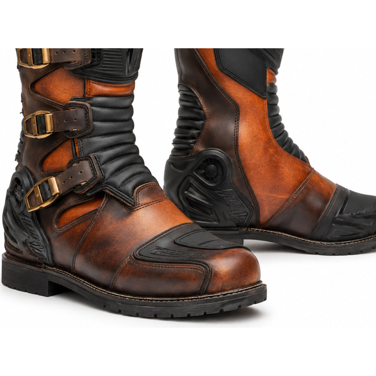 Copper Ignition Heritage Racing Motorcycle Boots – toe ankle sole detail – Copper Orange / Espresso / Black
