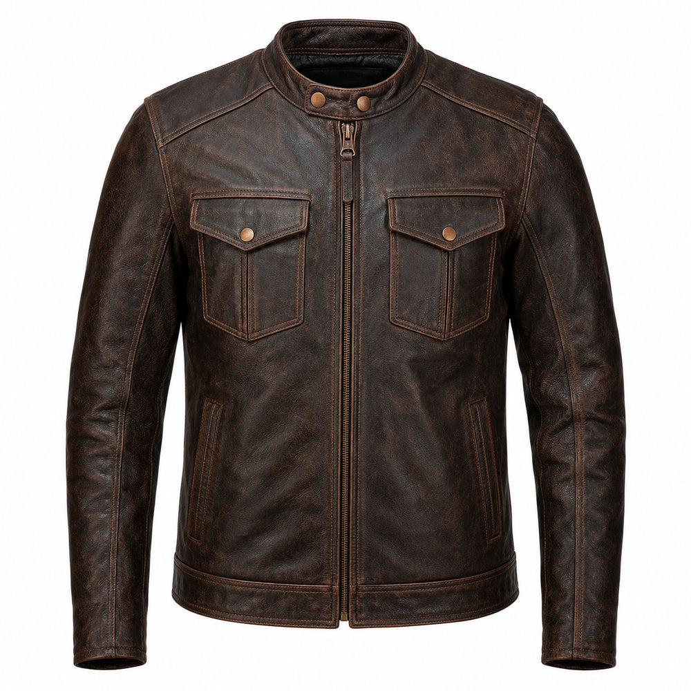 Copper Trail Brown classic cruiser leather motorcycle jacket front hero view
